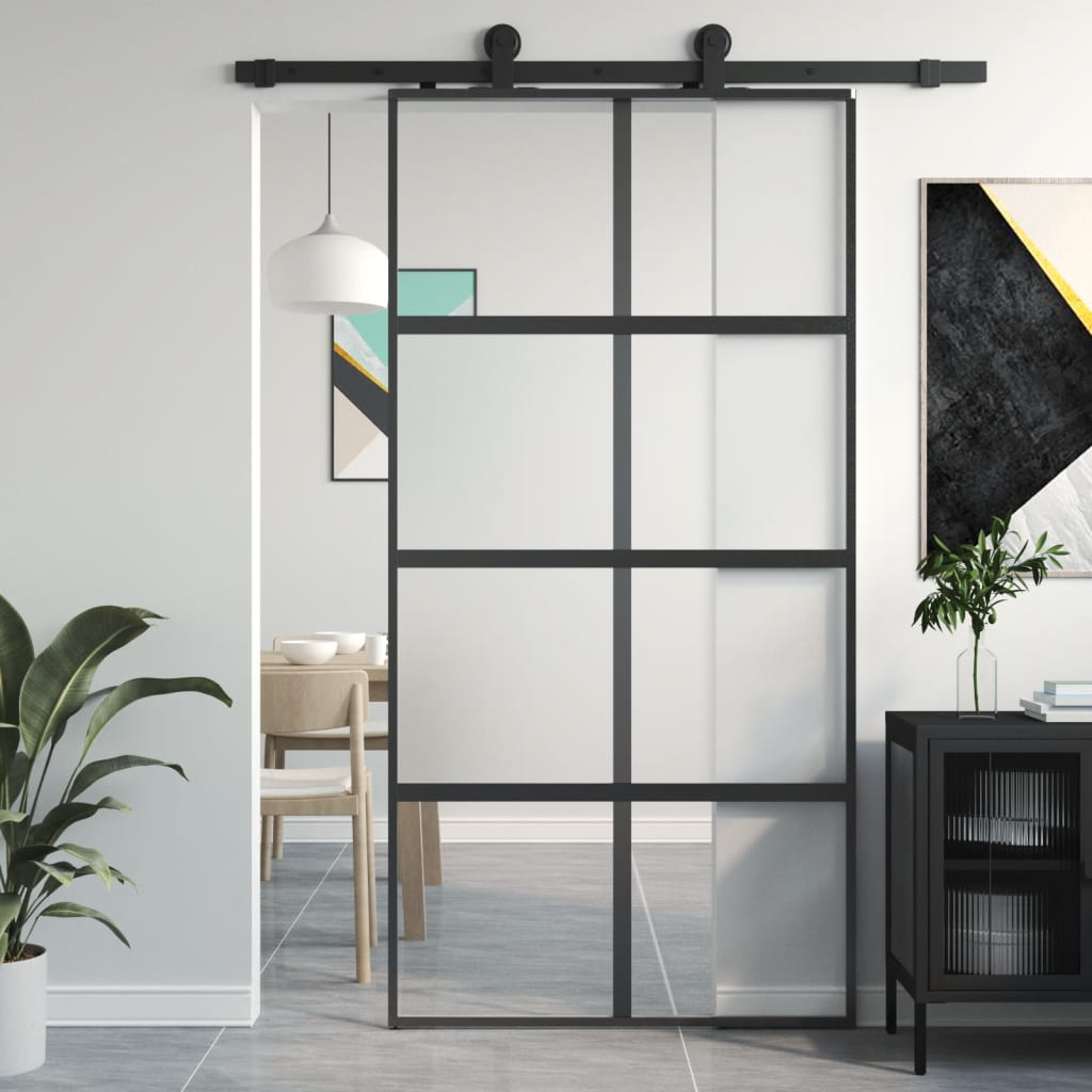 Puerta corredera vidrio templado y aluminio negra 102,5x205 cm esxt8978