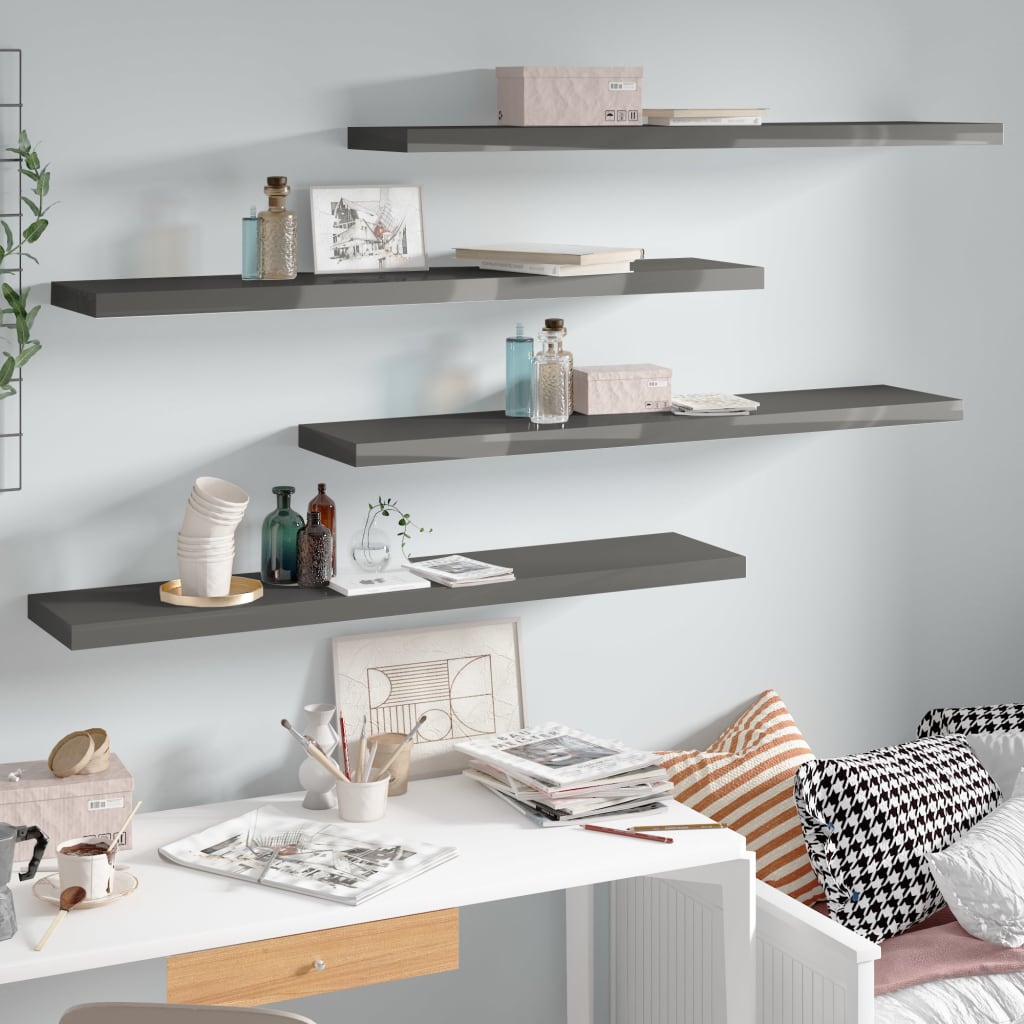 Estante flotante de pared 4 uds mdf gris brillo 120x23,5x3,8 cm