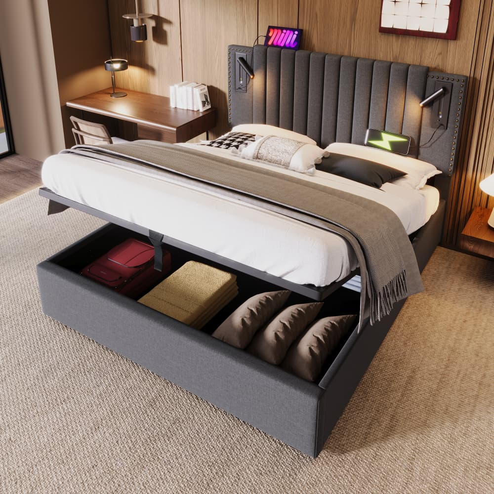 Cama tapizada 160x200cm con canapé hidráulico, luz y usb algodón – gris