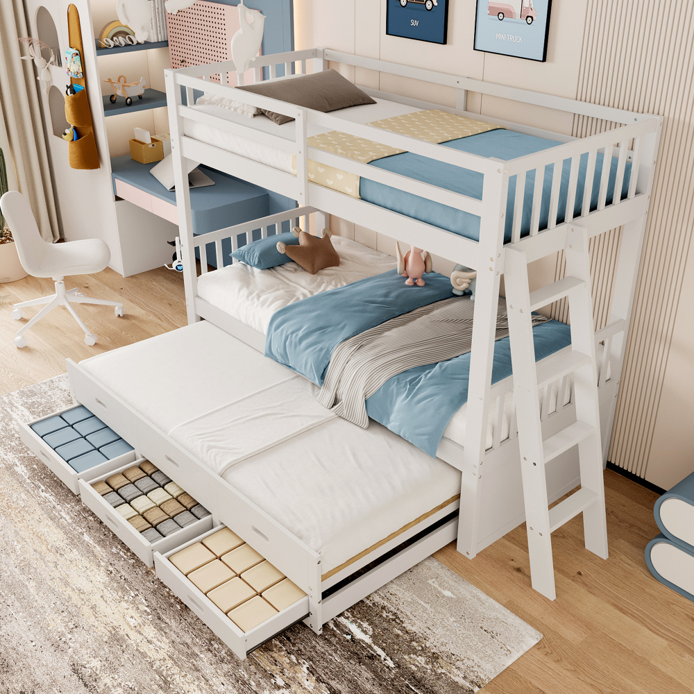 Litera 90x200cm con cama nido, 3 cajones y escalera pino y mdf – blanco