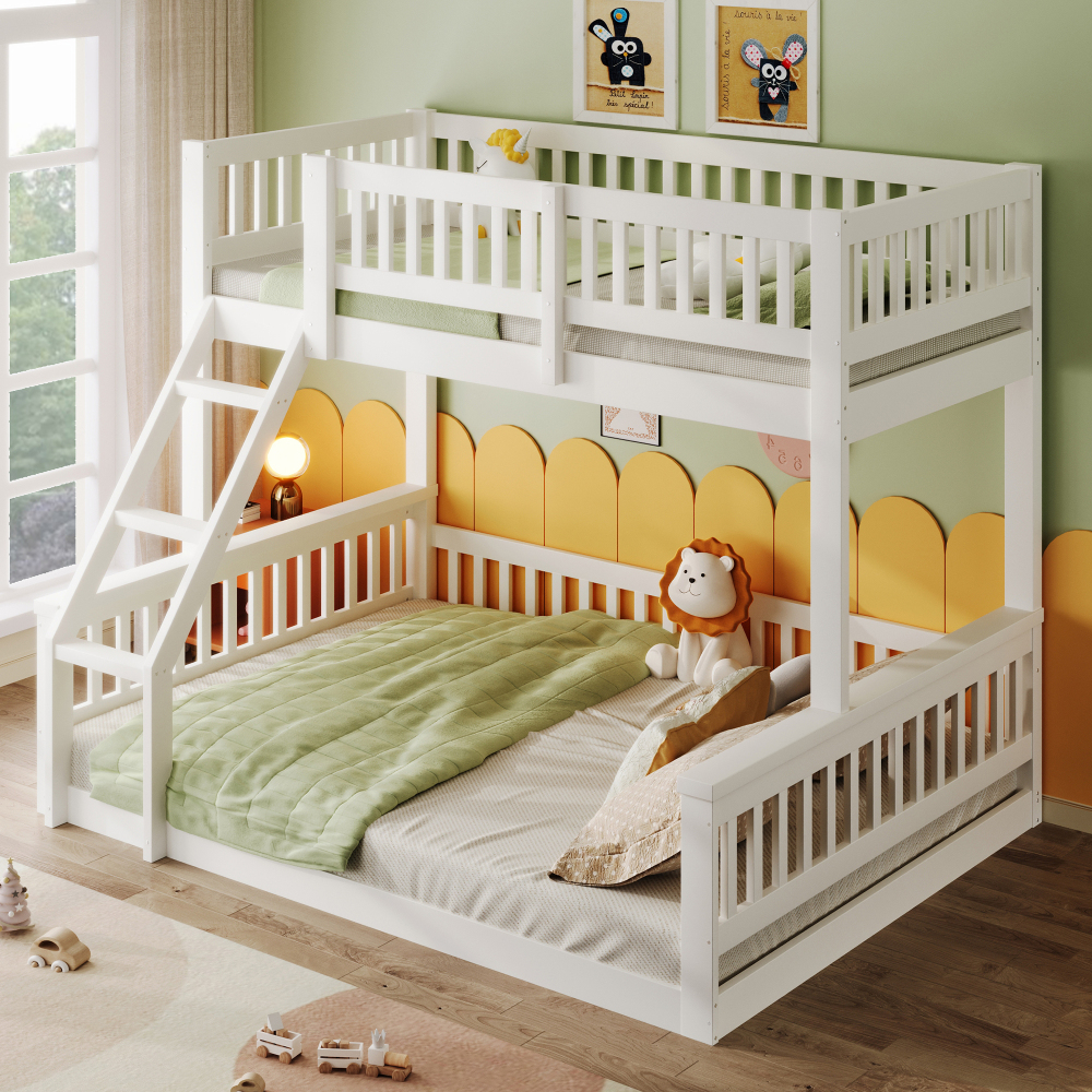 Litera 90/140x200cm con escalera y barandilla madera maciza – blanco