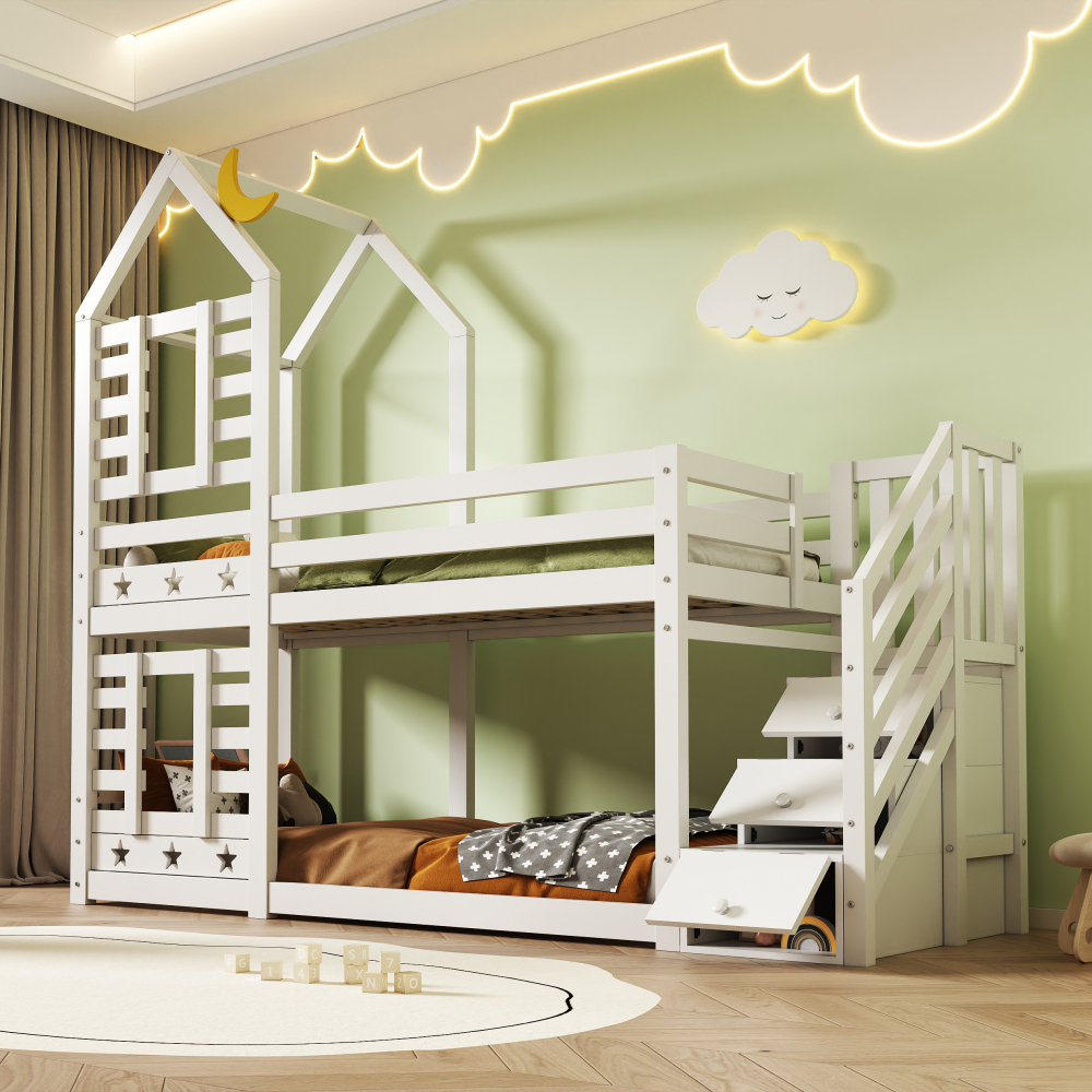Litera casita 90x200cm con cajones y barandilla madera – blanco