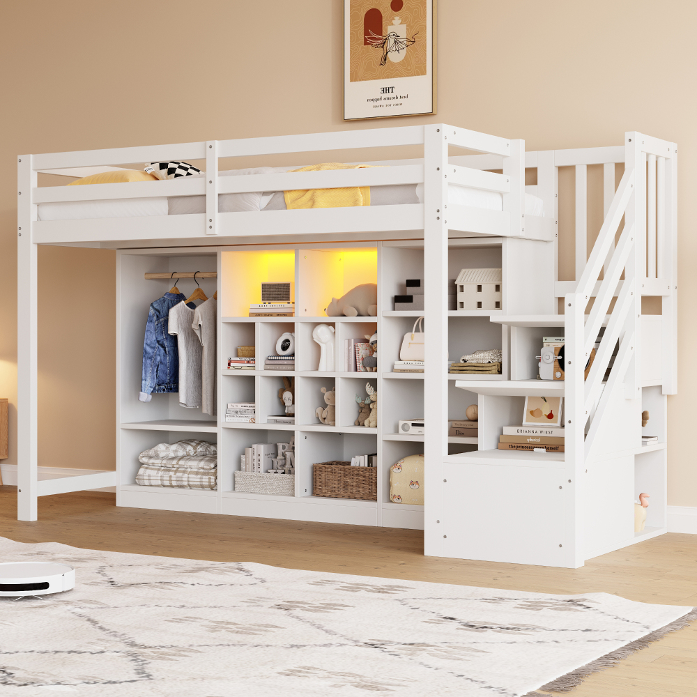 Cama alta 90x200 cm con armario, estantes y LED madera – blanco