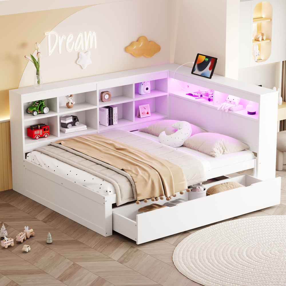 Sofá cama 140x200 cm con almacenaje usb y luz LED madera maciza – blanco