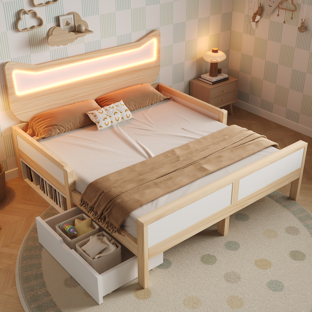 Cama 140x200 cm con LED y cajón de madera – color blanco y roble