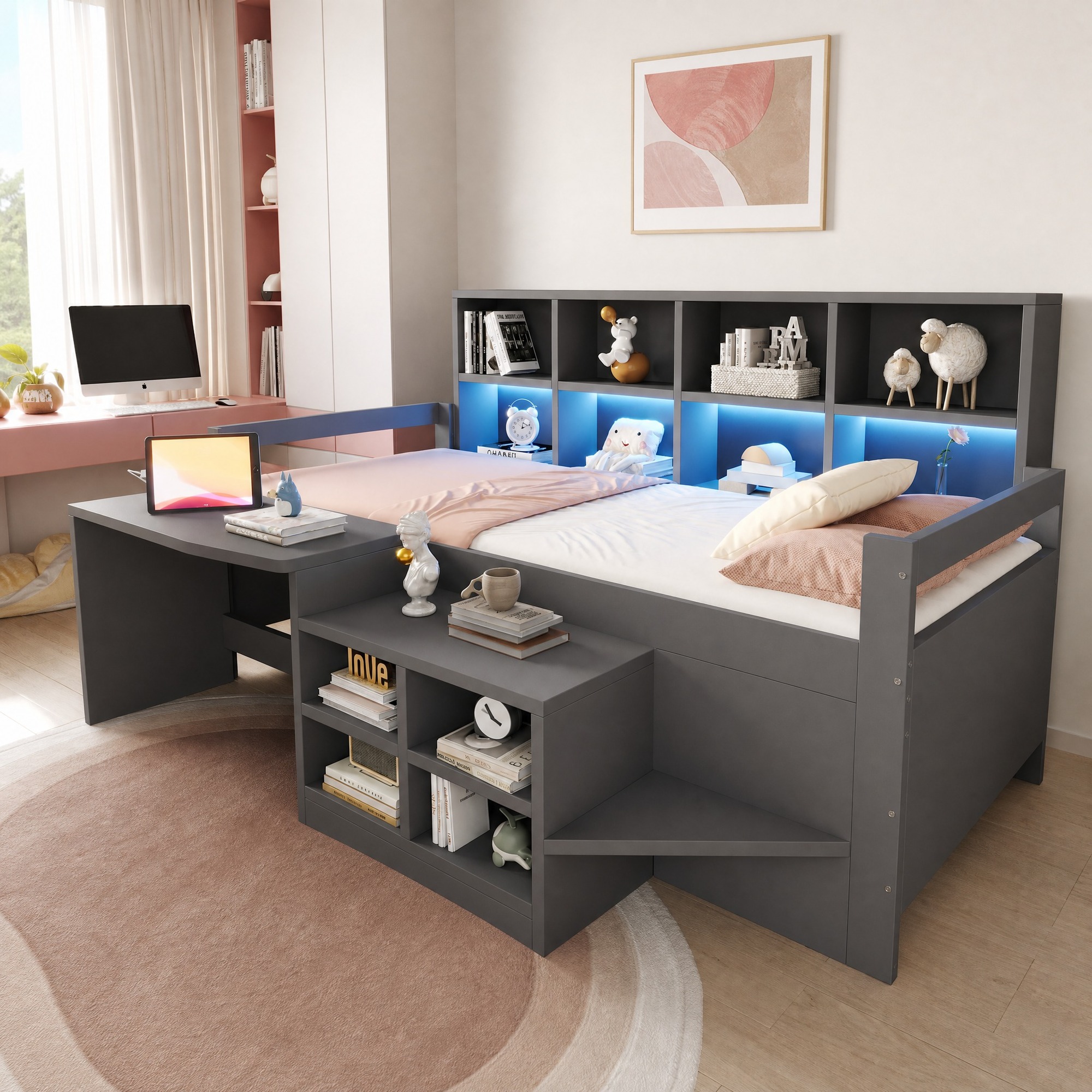 Cama infantil 90x200cm con escritorio almacenaje y luz LED madera gris