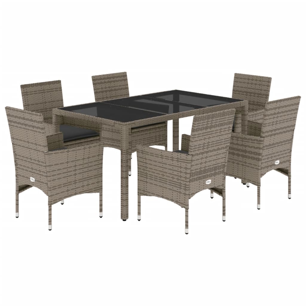 vidaXL set comedor jardín 7 pzas y cojines ratán sintético vidrio gris