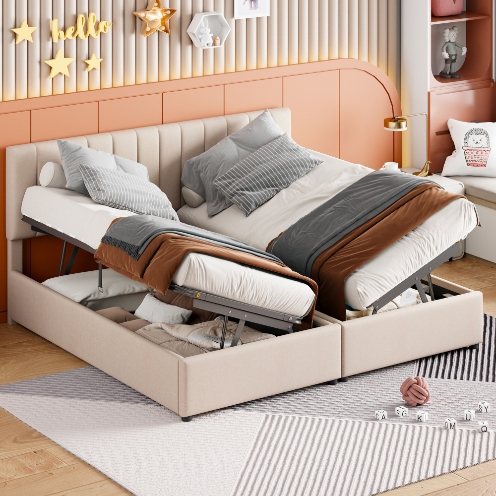 Cama tapizada 180x200cm con canapé hidráulico y convertible lino – beige