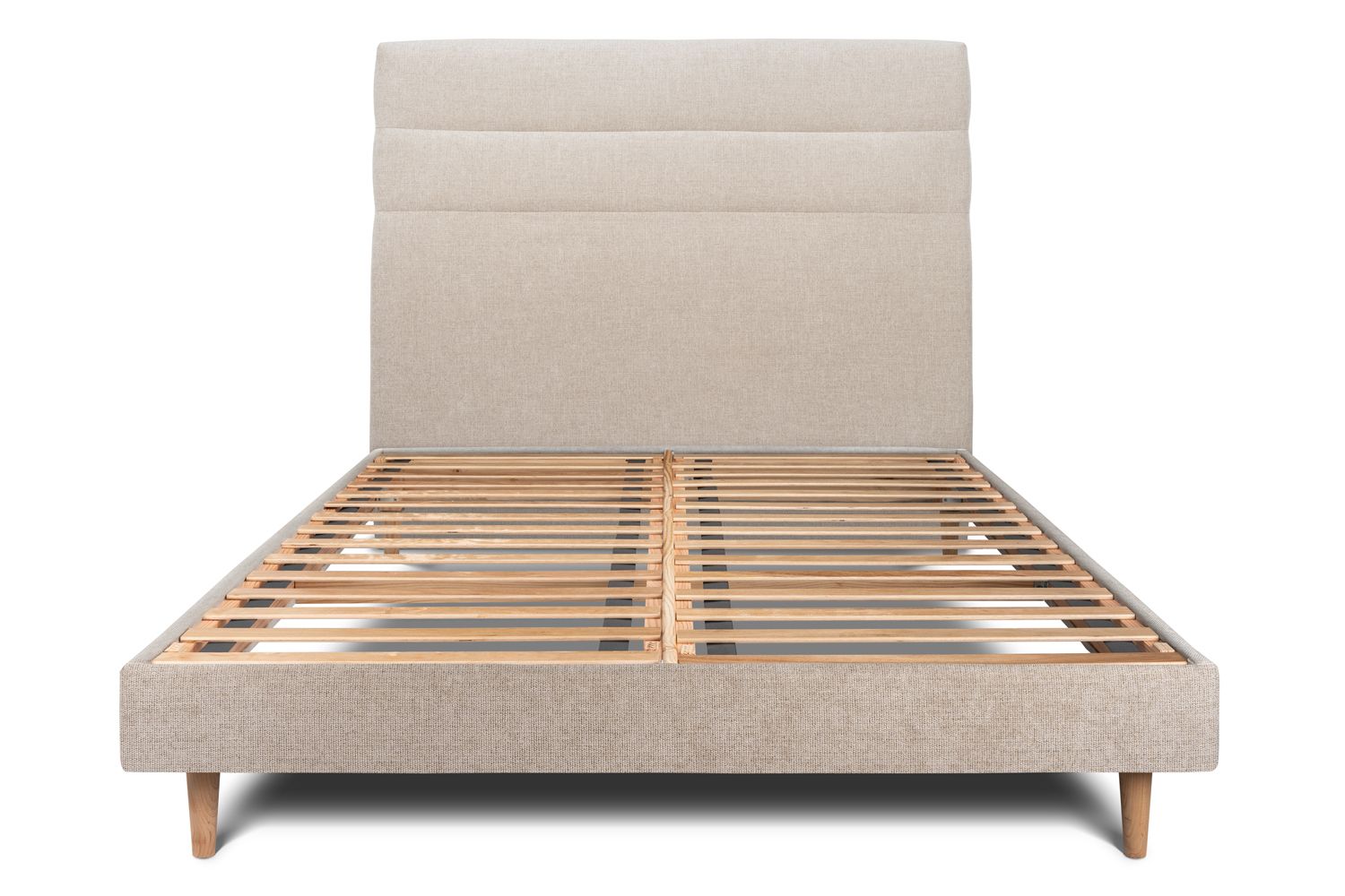 Cama 135x190 cm con cabecero en línea - tejido lienzo mate - beige marrón