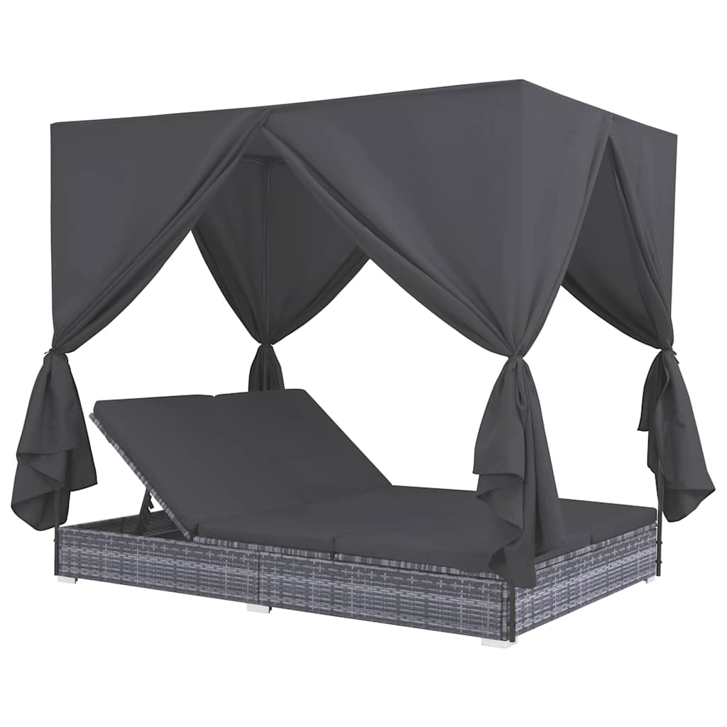 vidaXL tumbona cama con cortinas de ratán sintético gris