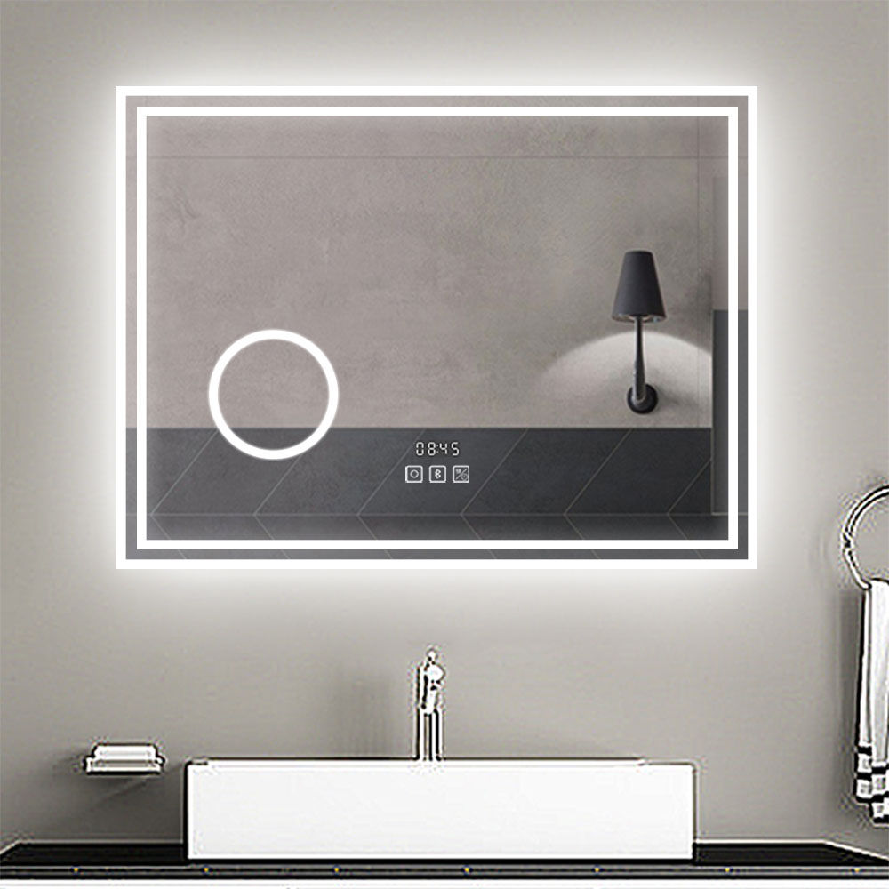 Espejo de baño LED 80×60 cm+ reloj + lupa + bluetooth