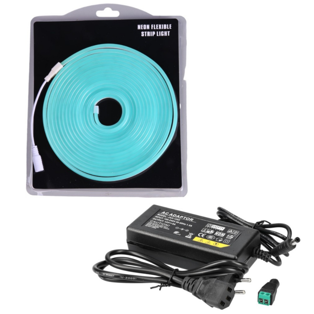 Kit neón LED 12v, 5m 6x12mm 120 LEDs/m. Color azul celeste. + tranformador
