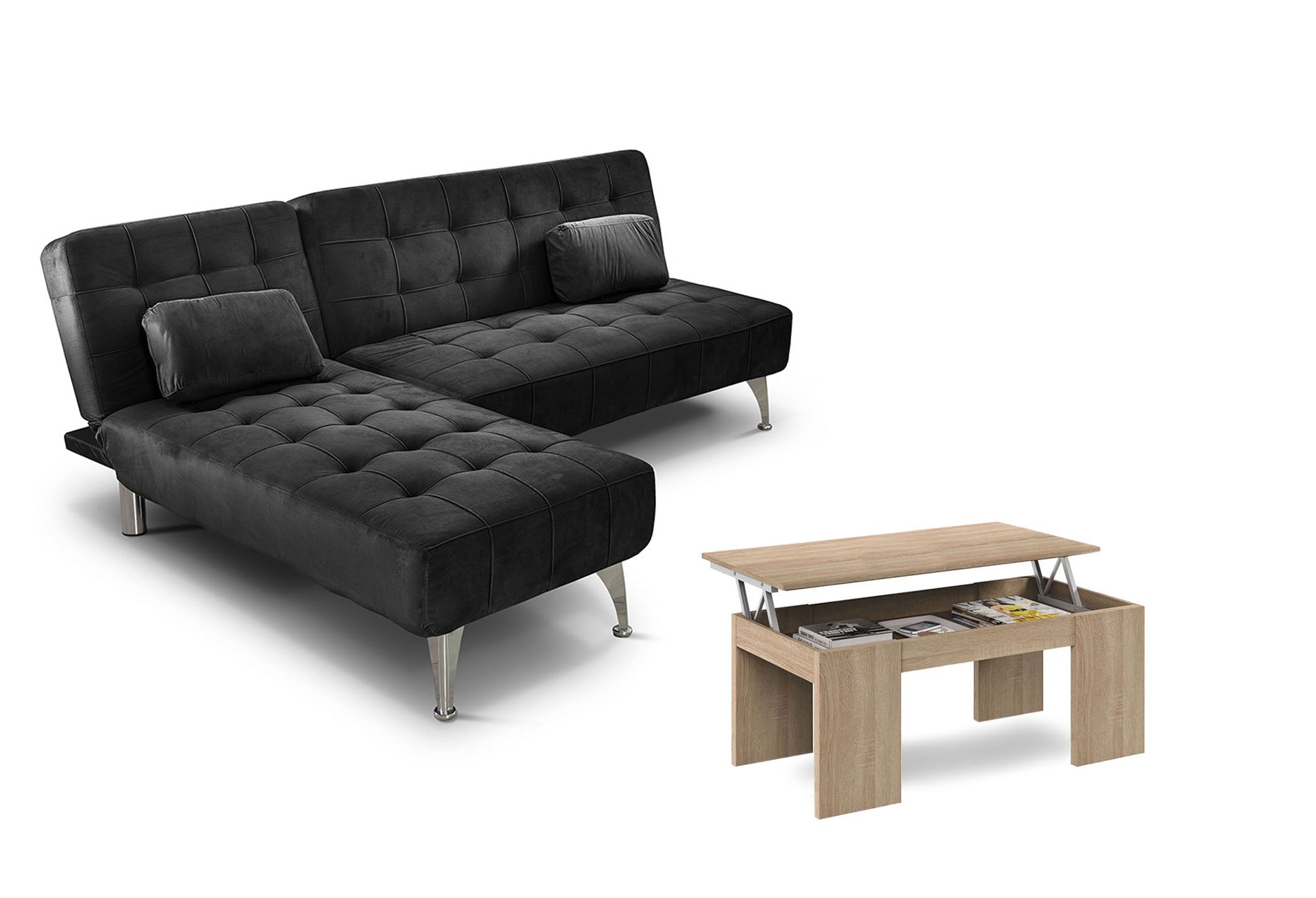 Sofá cama chaise longue xs negro + mesa de centro cambria