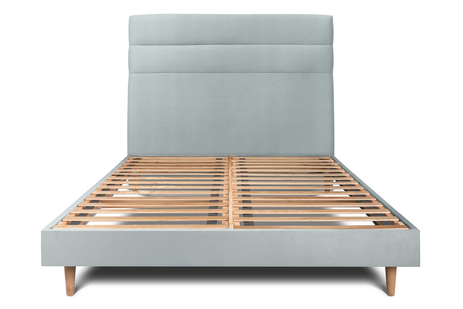Cama de 135x190 cm con cabecero de línea - tejido de terciopelo - gris azul
