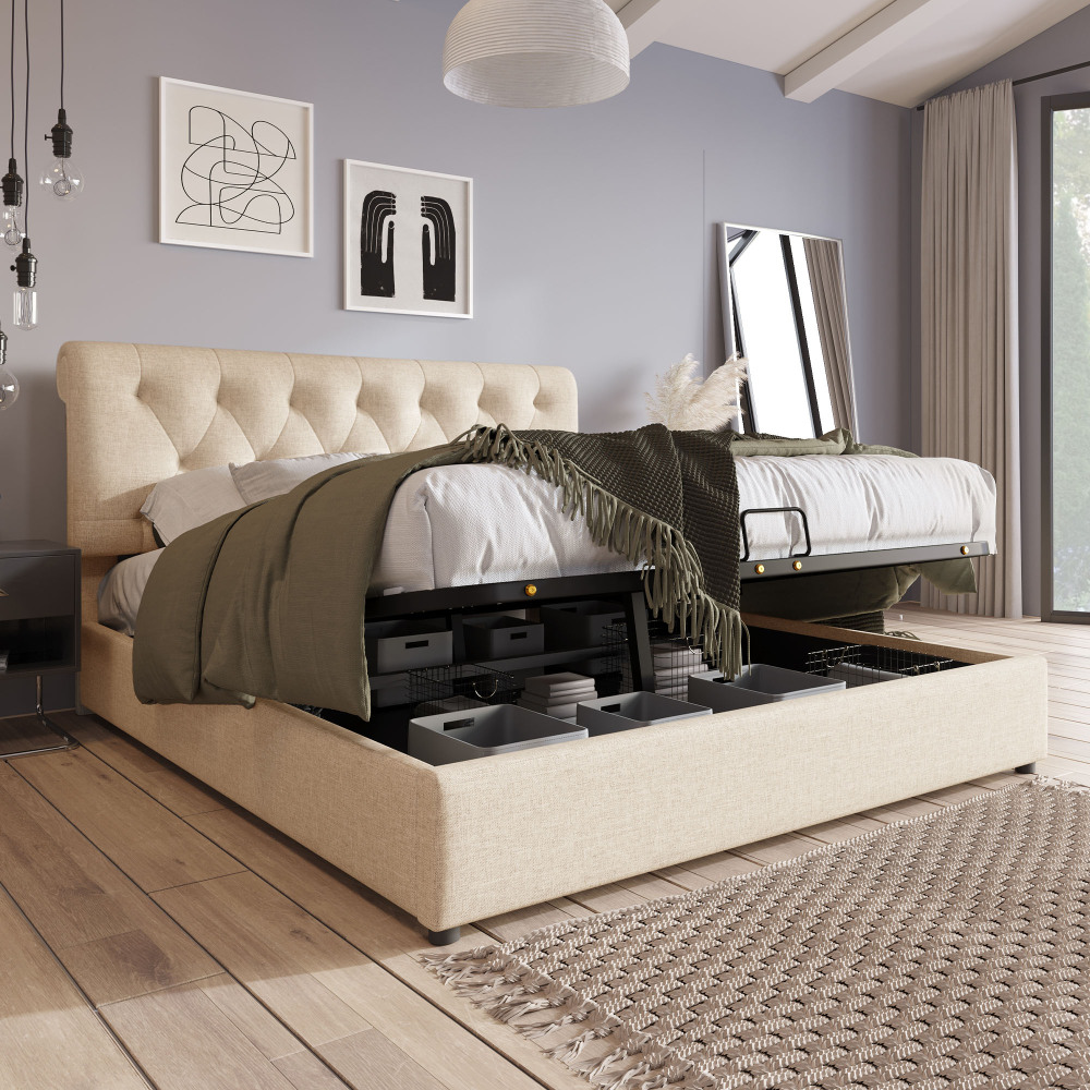 Cama doble 160x200cm con canapé hidráulico, cabecero ajustable lino natural