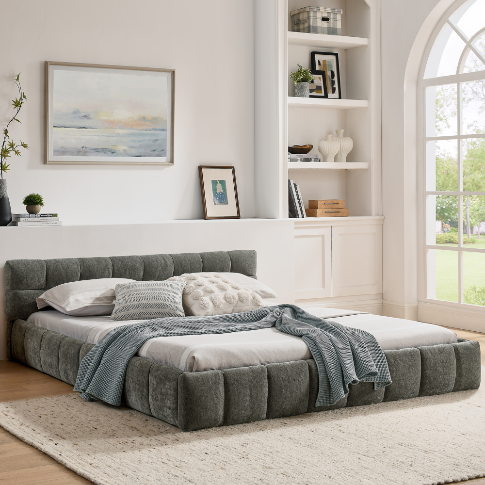 Cama doble tapizada 160x200cm con diseño acolchado chenilla – gris oscuro