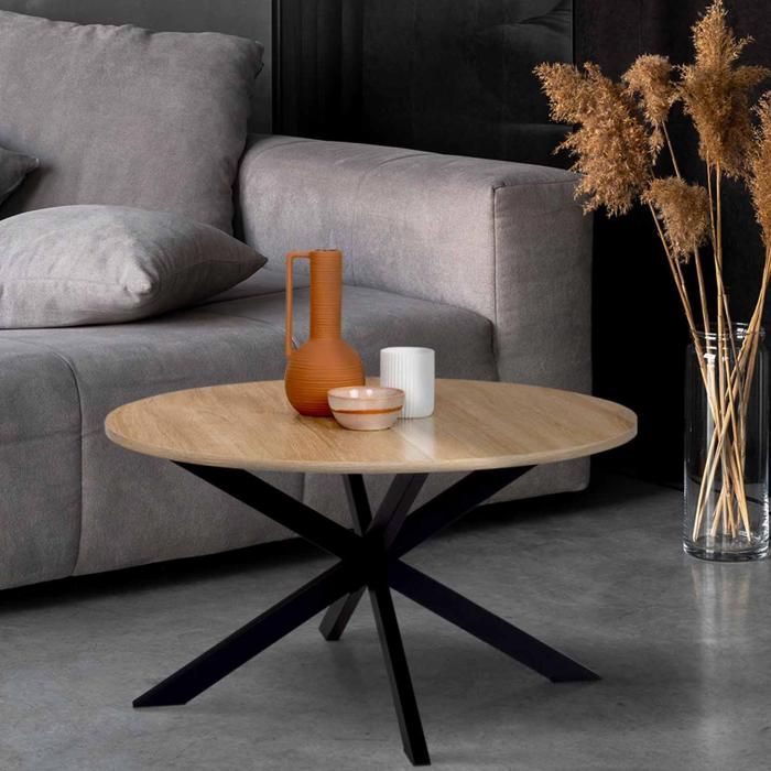 Mesa baja redonda alix de doble material, madera y metal negro - 70 cm