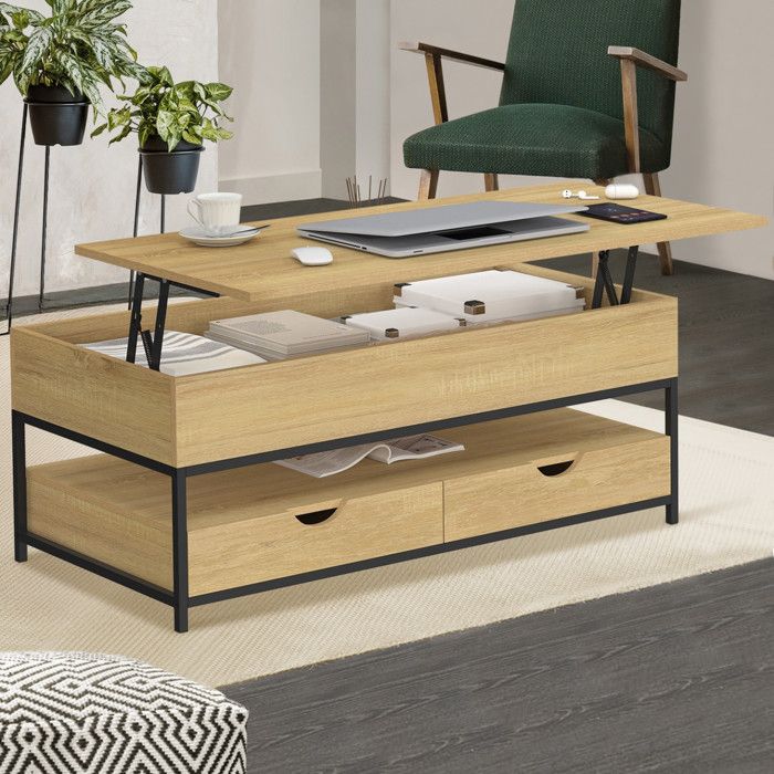 Mesa baja elevable industrial - 2 cajones - madera/metal - 100x50x40 cm