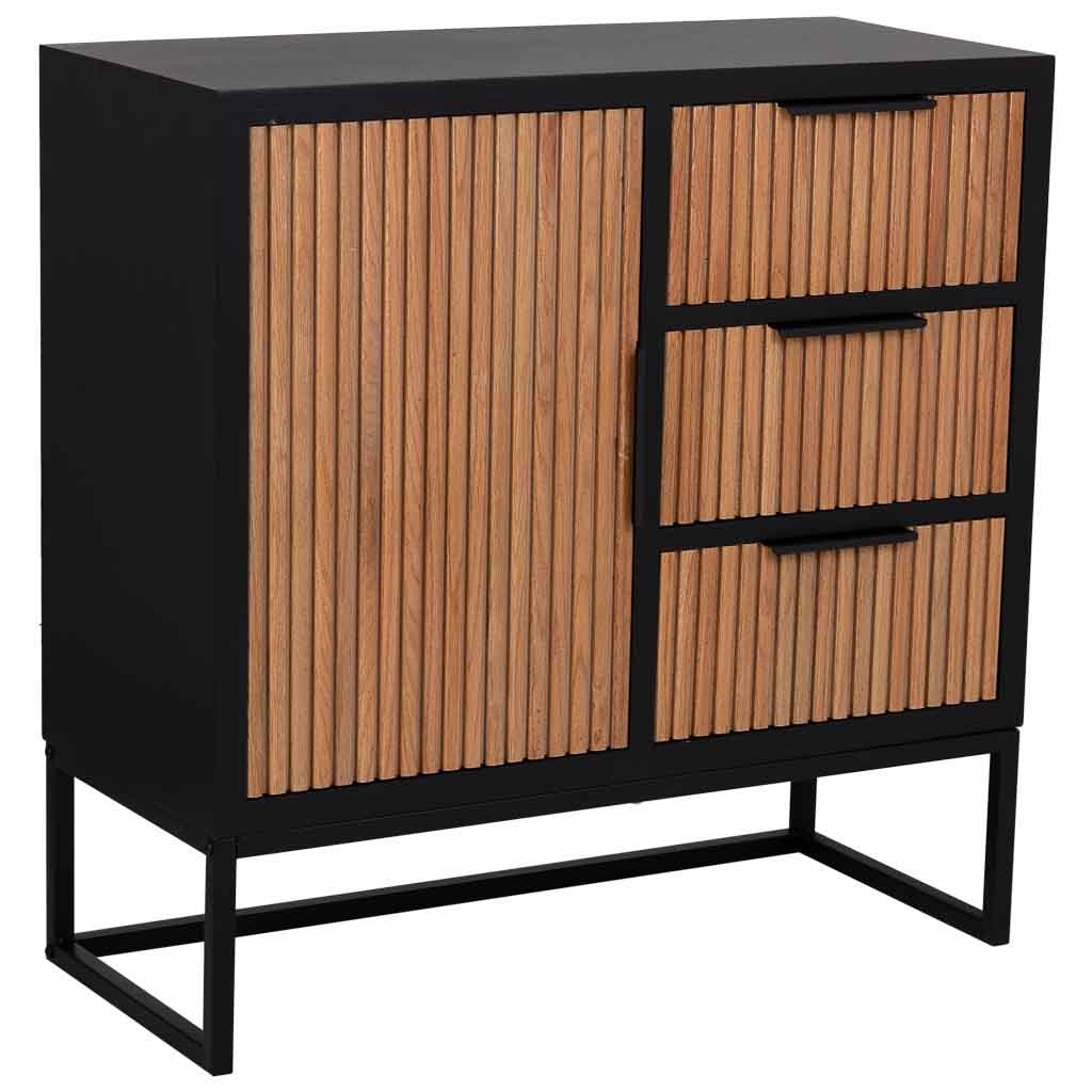 Aparador 1 puerta y 3 cajones de madera y metal marrón, medidas 34x80x80cm