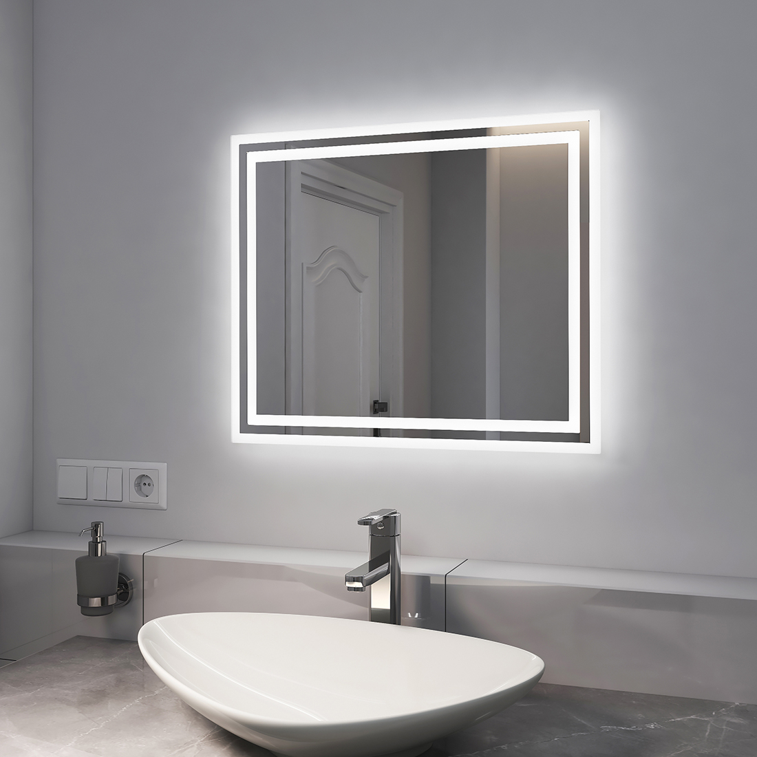 Emke espejo de baño LED, antivaho, luz blanca fría/caliente, 60x50 cm