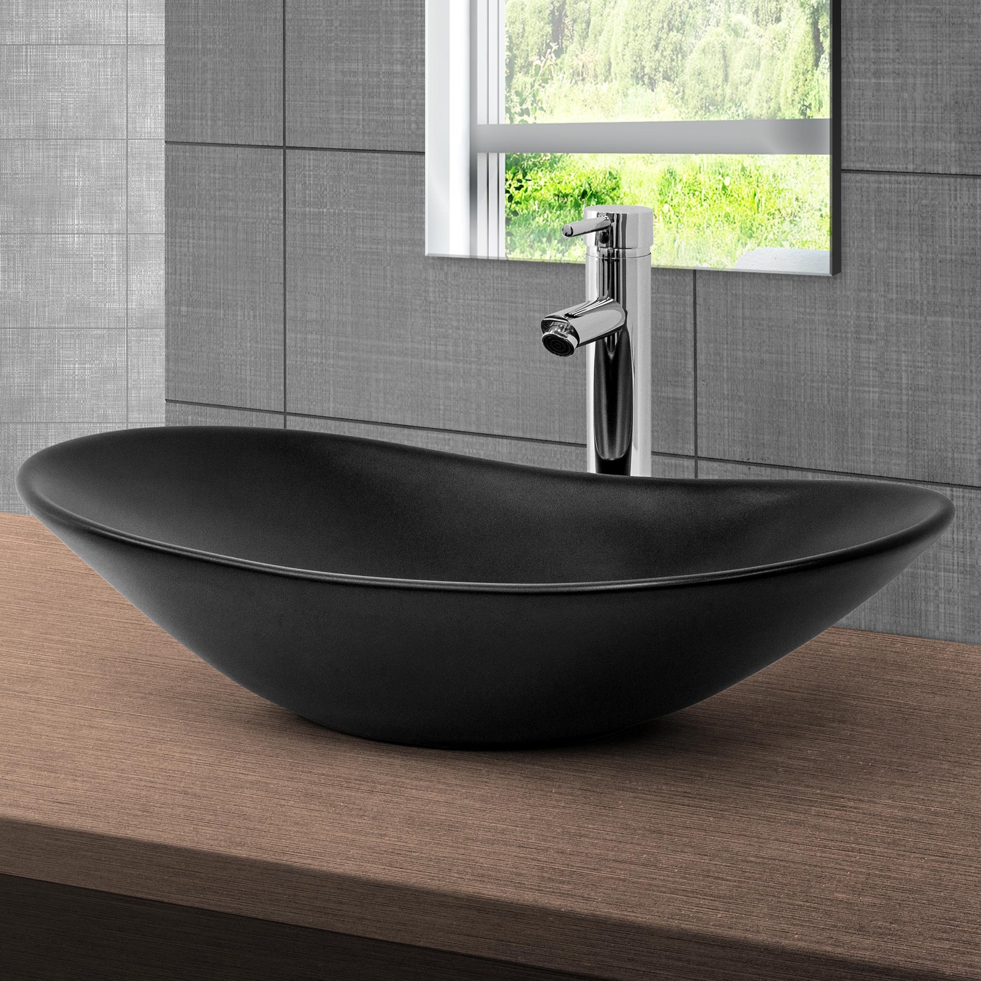 Lavabo negro mate cerámico 630x360x155 mm con plateado