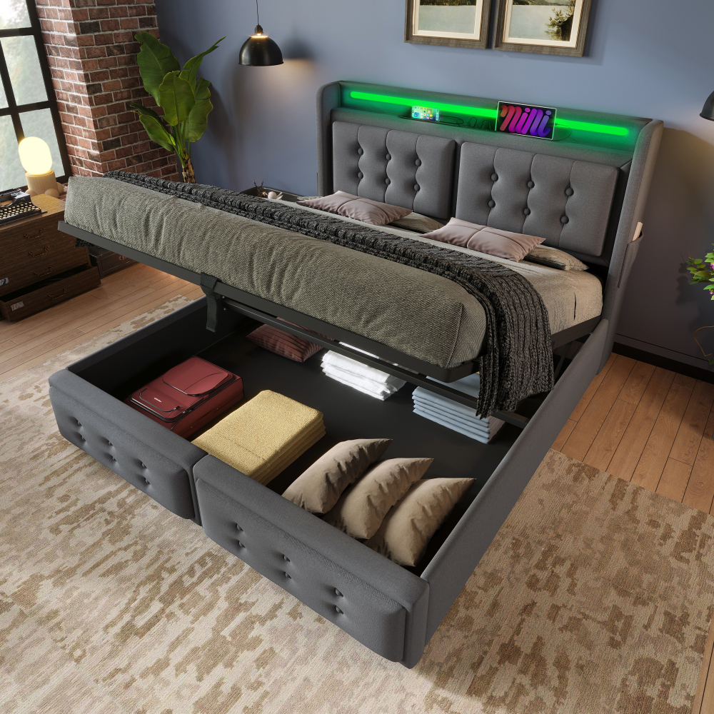 Cama Doble tapizada 160x200cm con canapé, usb y LED algodón y lino – gris