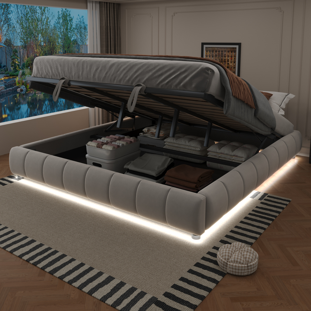 Cama juvenil tapizada 180x200cm con canapé hidráulico y LED franela – beige