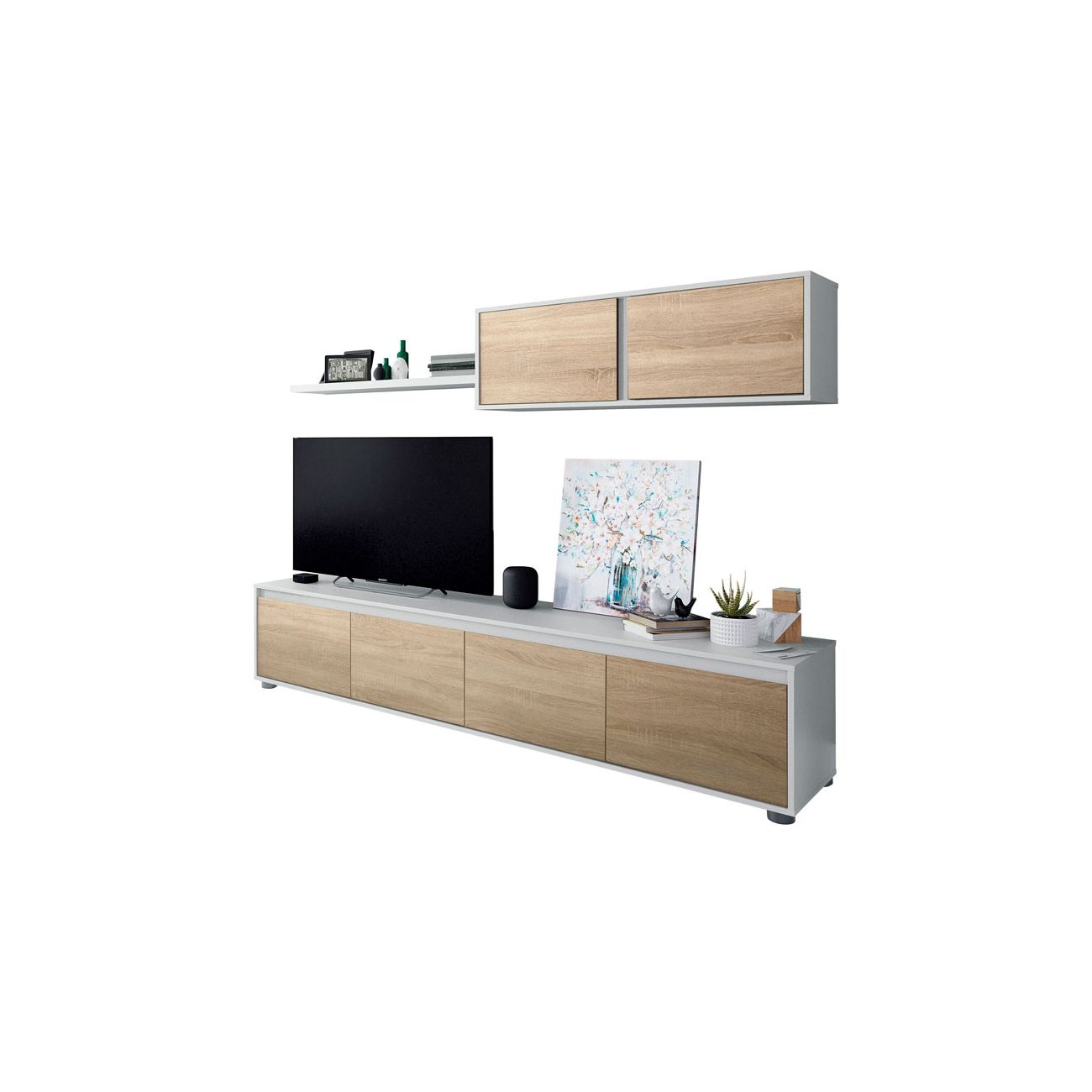 Salón con mueble de tv y estantería 200 cm alida blanco - roble