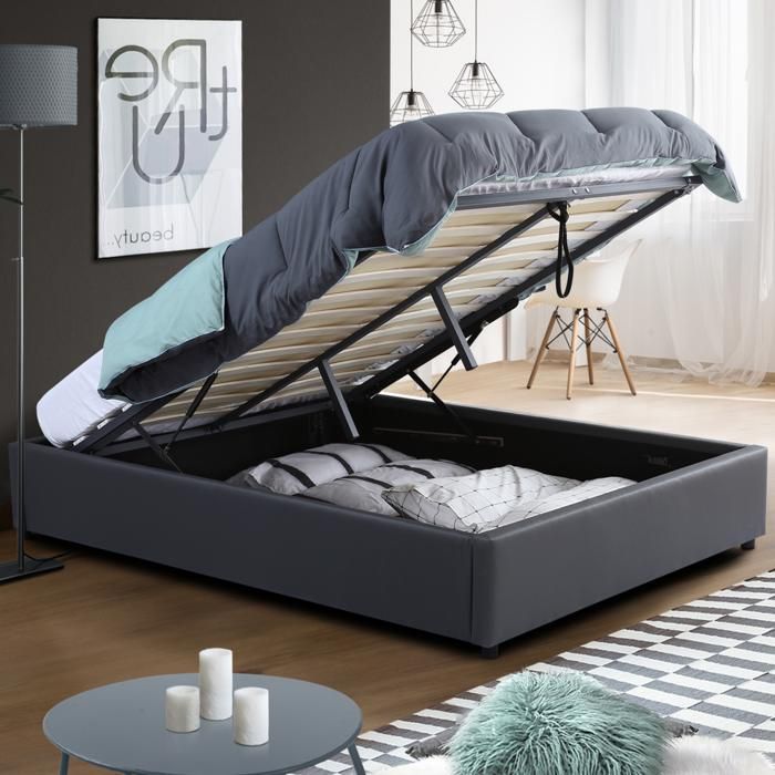 Cama arcón doble de pu gris - 140 x 190 cm