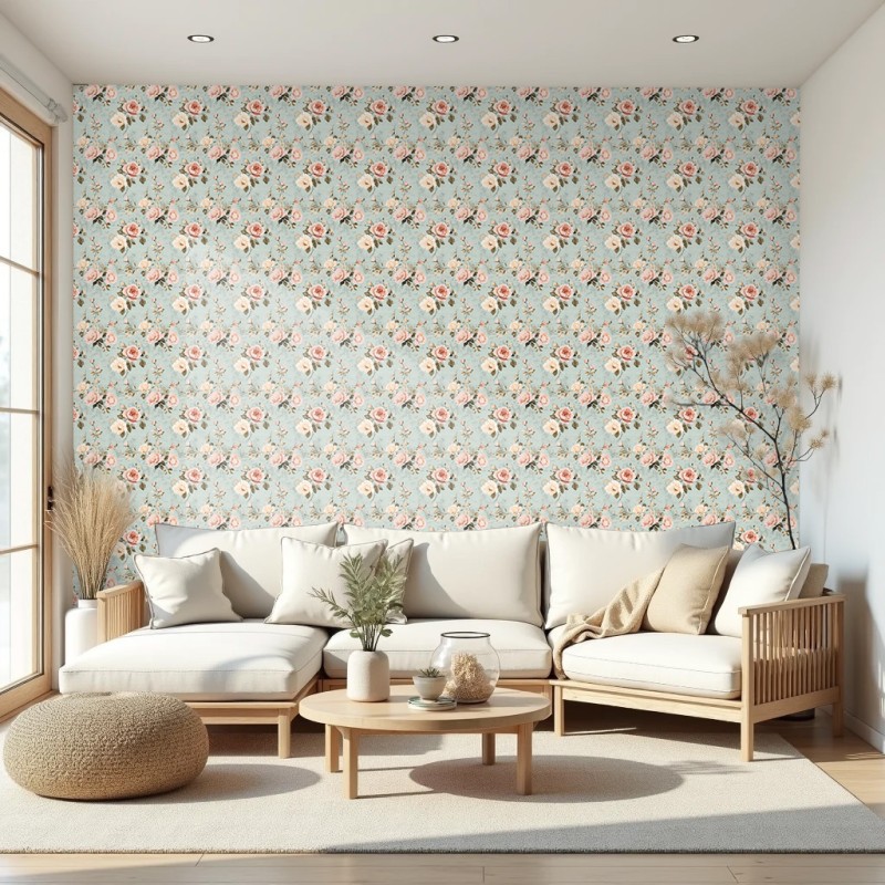 Papel pintado floral diseño vintage rosas rosa azul celeste 60cm por 250cm