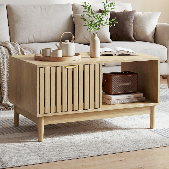Mesa de centro con nicho y estantes mdf roble 45x80x50cm