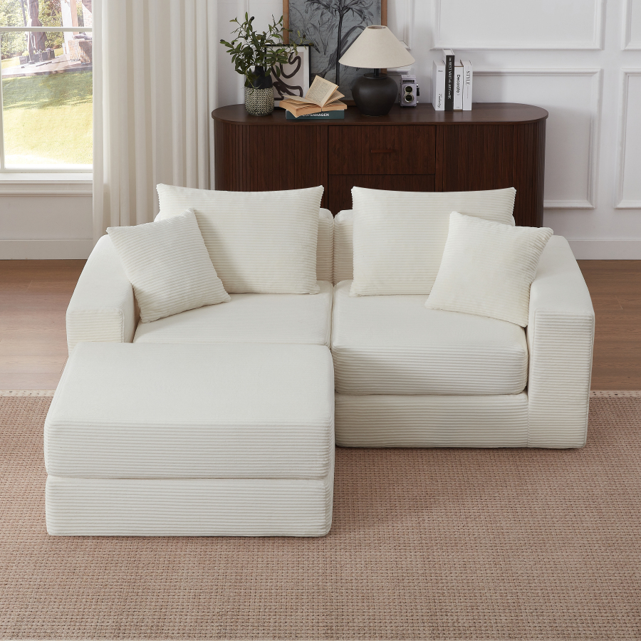 Sofá modular blanco de 2 plazas en cordón con base antideslizante