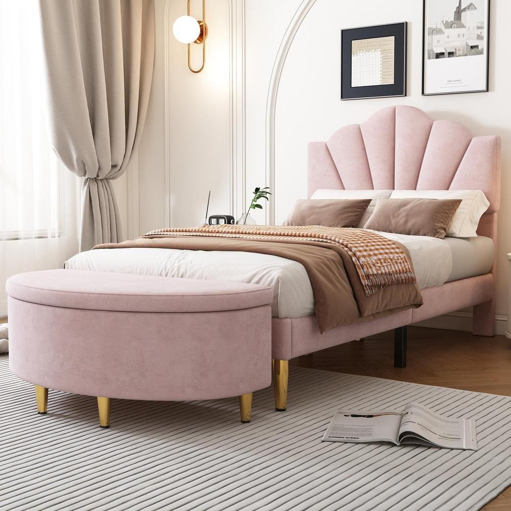 Cama 90x200cm con cabecero regulable, banco arcón, patas doradas rosa