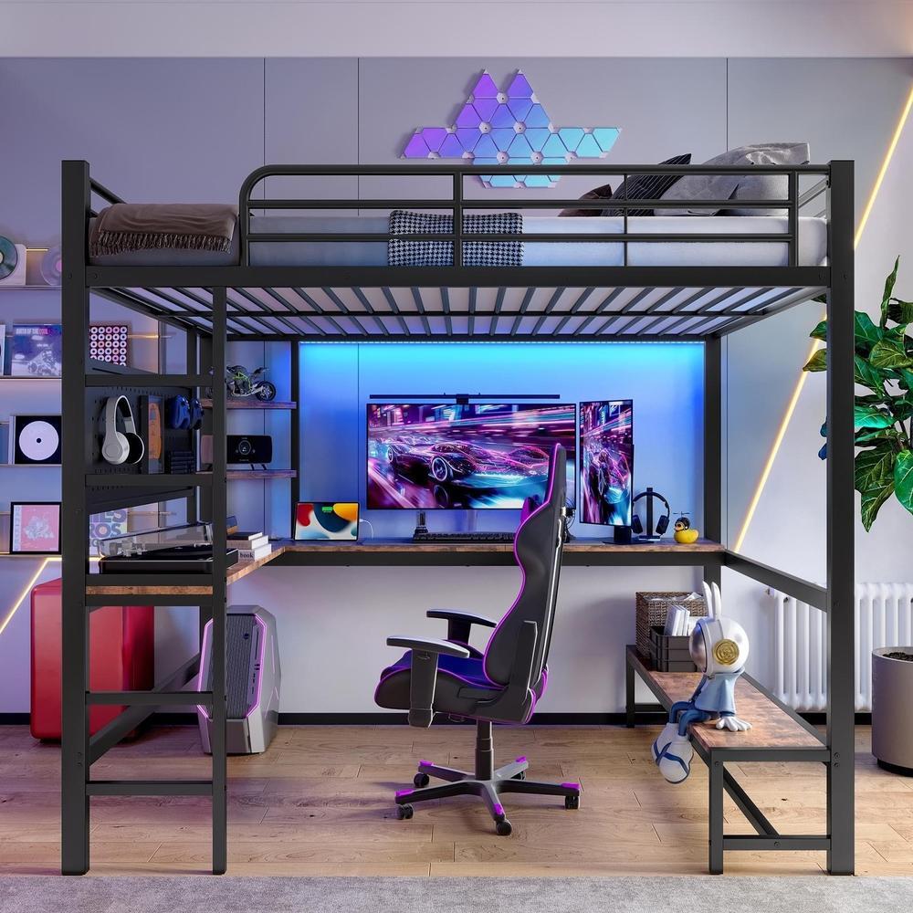 Cama alta 140x200cm con escritorio, LED, usb-c, estantes, negro