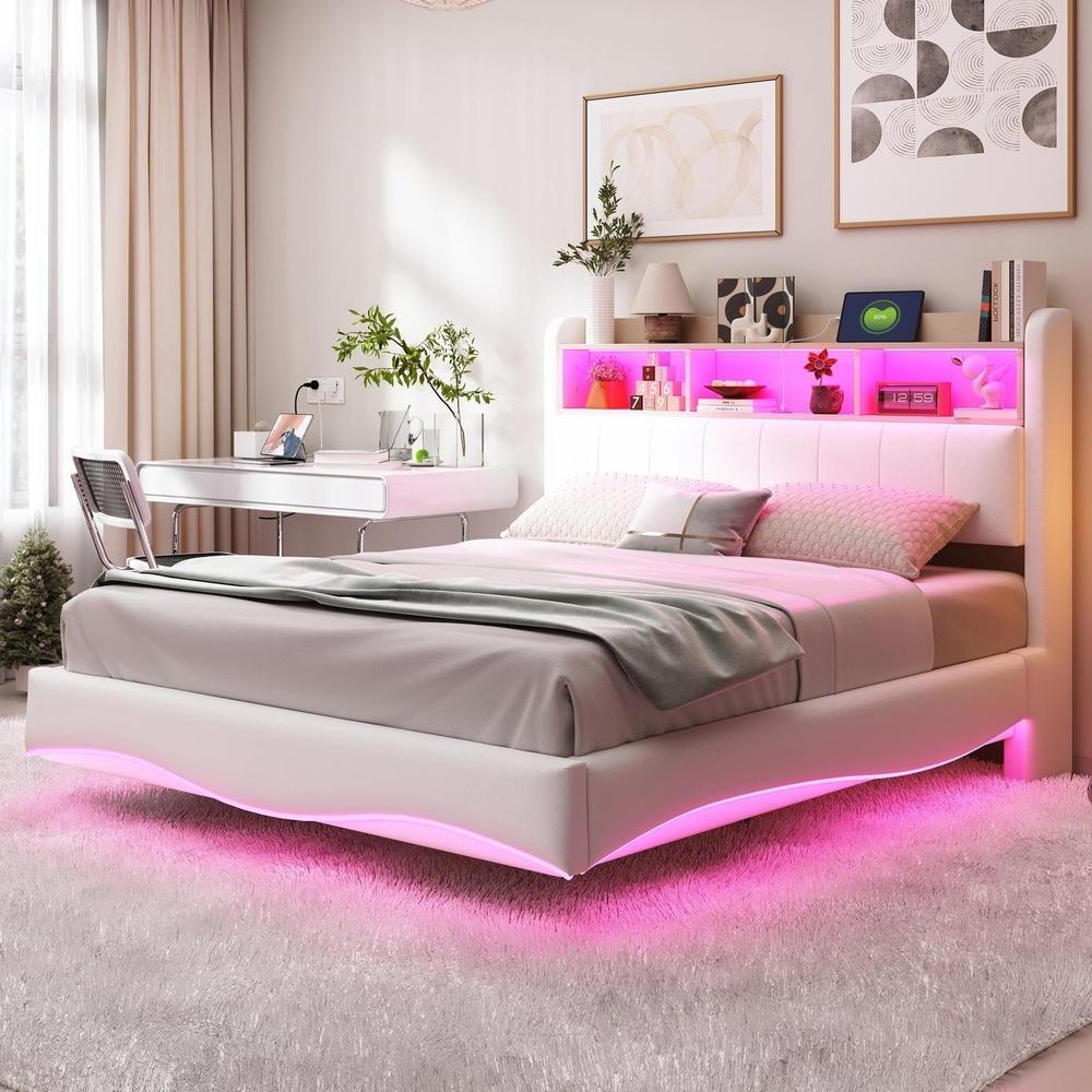 Cama suspendida con almacenaje, LED, usb y type-c 140x200cm beige
