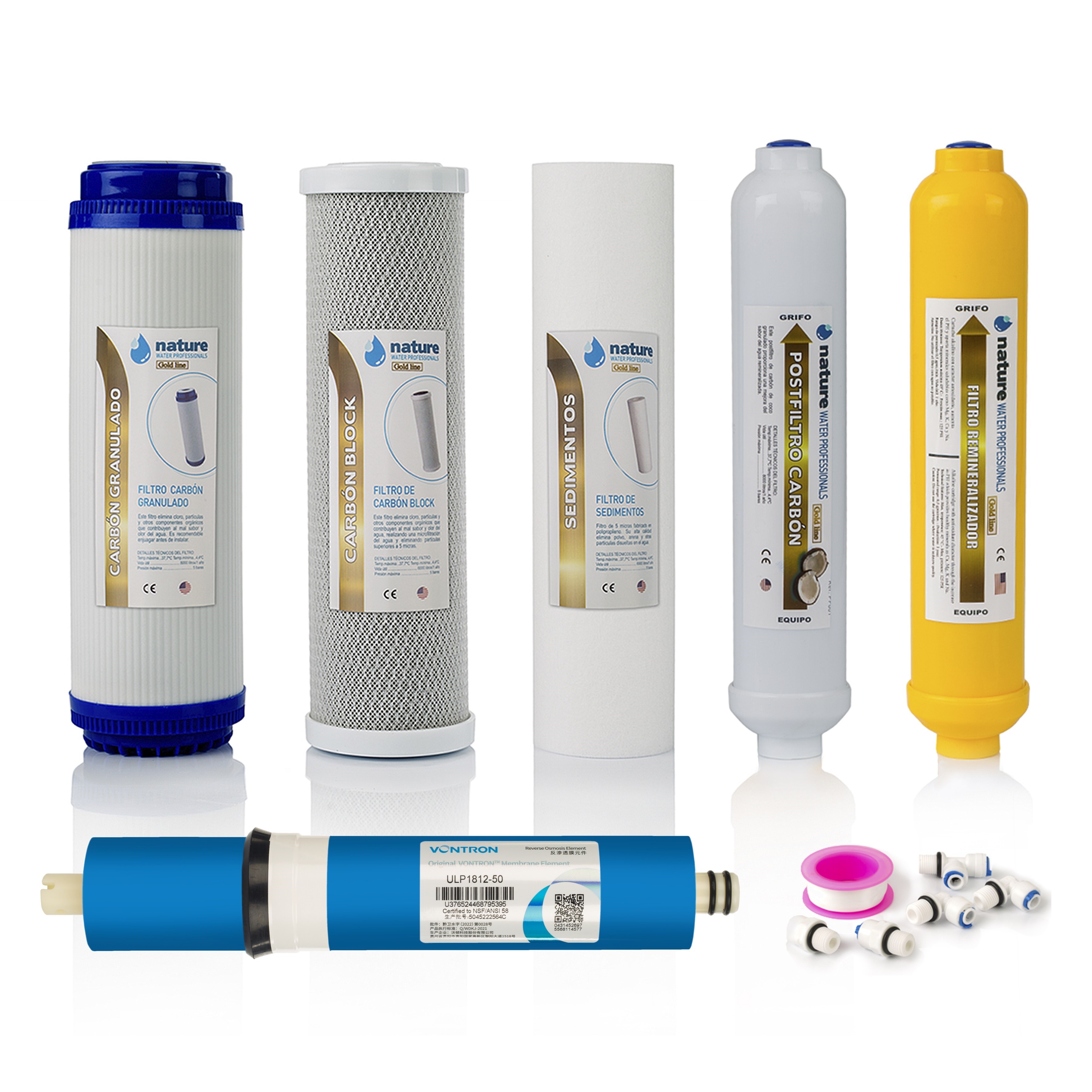 Pack 5 filtros gold osmosis inversa y membrana 50gpd vontron