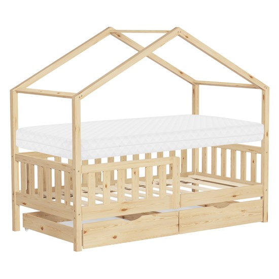 Cama infantil casa de madera natural 70x140 cm con colchón y 2 cajones