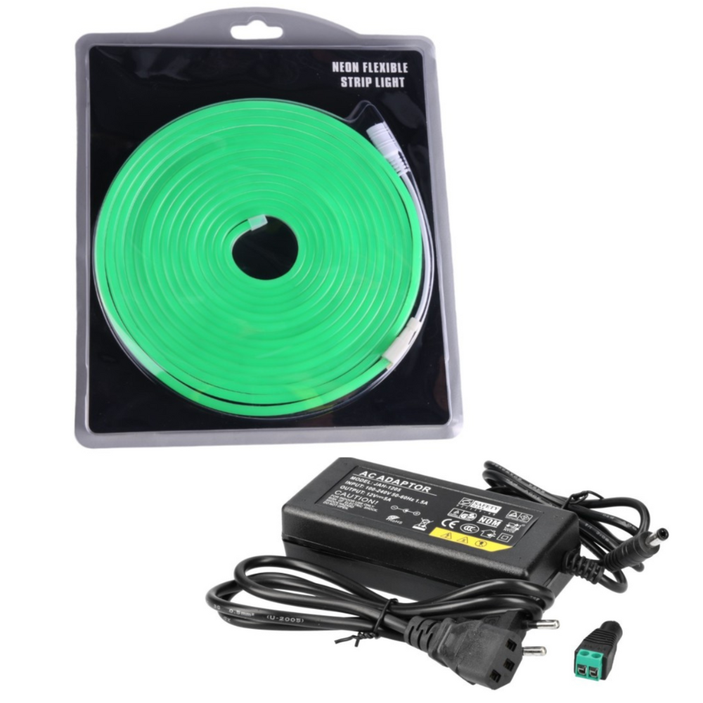Kit neón LED 12v, 5m 6x12mm 120 LEDs/m. Color verde + tranformador