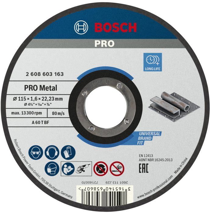 Disco de corte Bosch de centro plano estándar para metal 115x1.6 mm - 26086