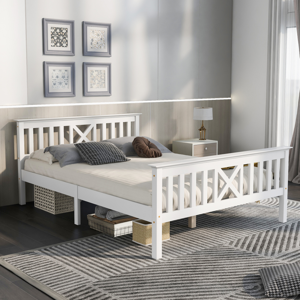 Cama juvenil doble 140x200cm con cabecero y somier madera maciza – blanco