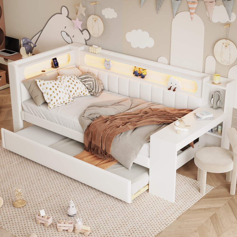 Cama nido 90x200cm, sofá cama individual, LED, usb y escritorio mdf blanco