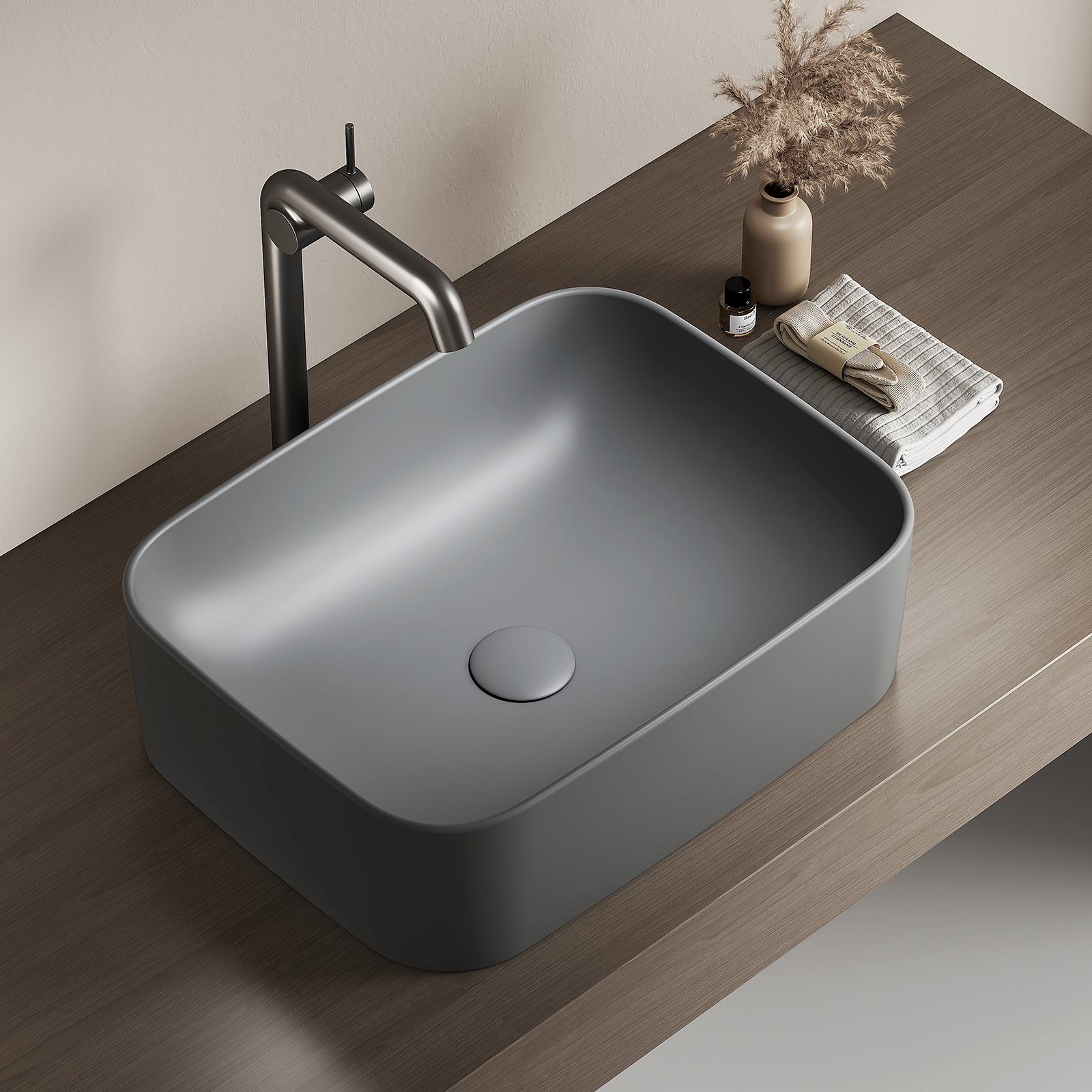 Emke lavabo cuadrado sobre encimera, cerámica gris oscuro mate, 51x38x15cm
