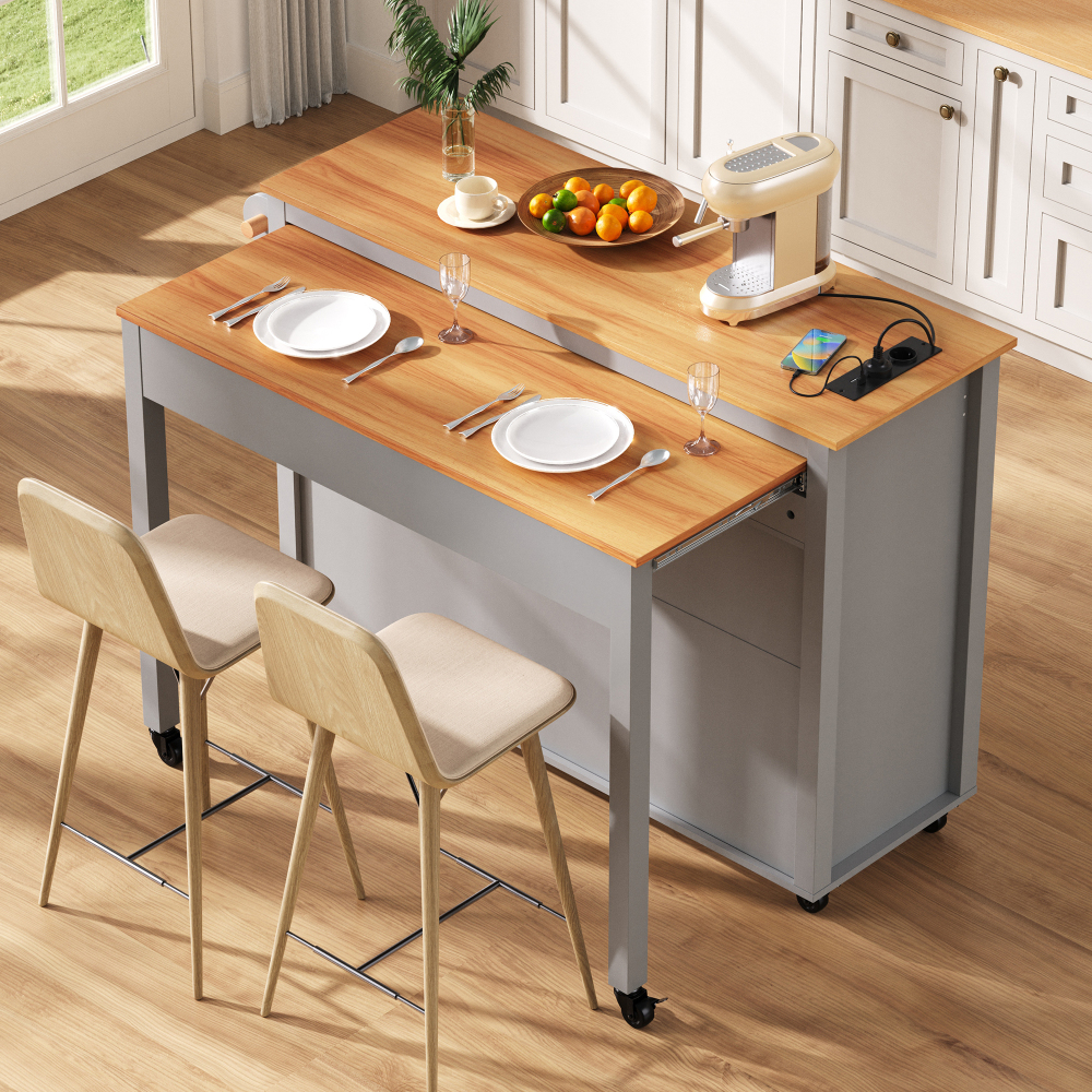 Isla de cocina con ruedas extensible gris 92x120x40-75cm