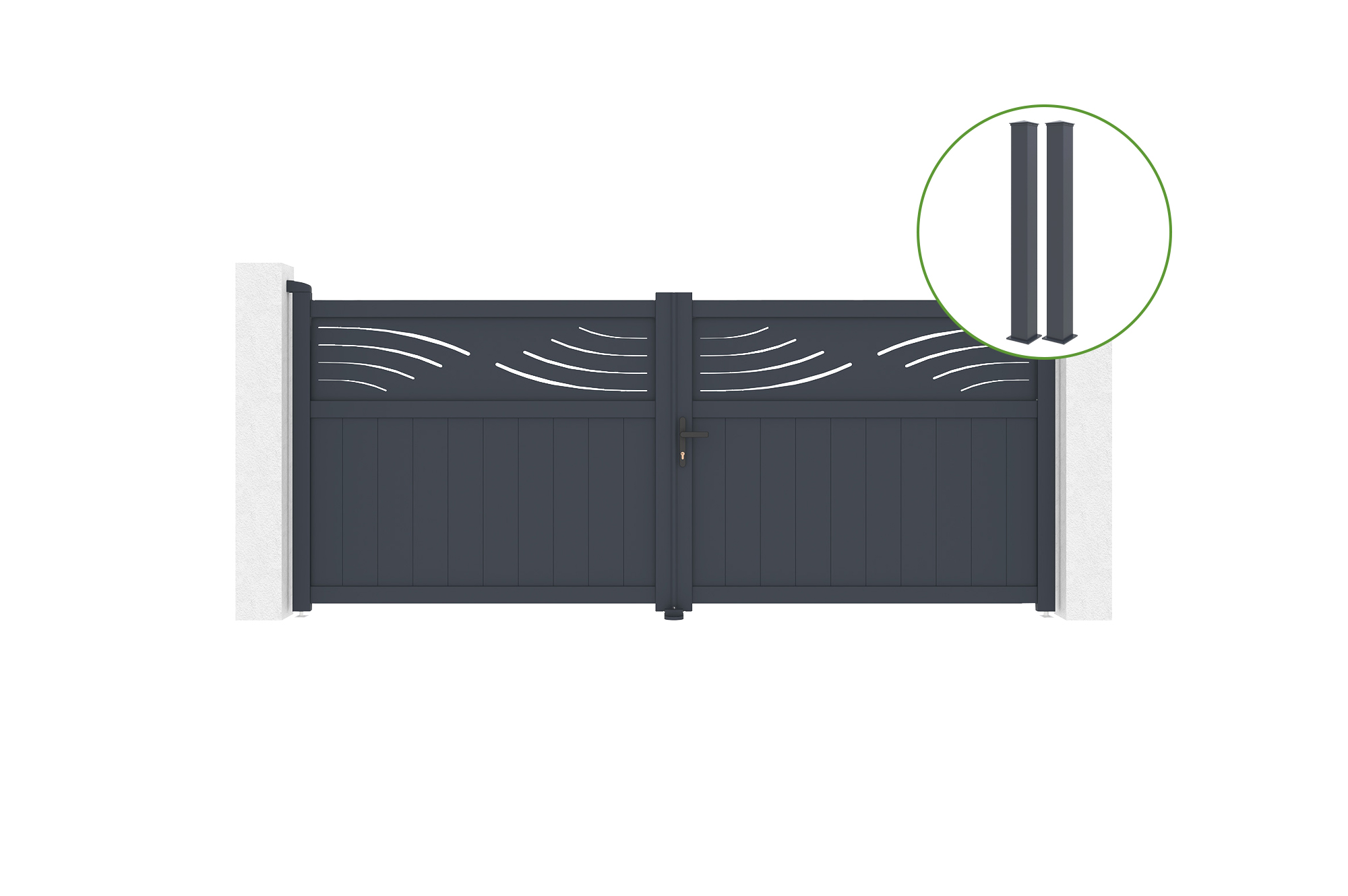 Puerta abatible 3,4m halti al.140cm alu gris + 2 postes 20x20cm al.166cm