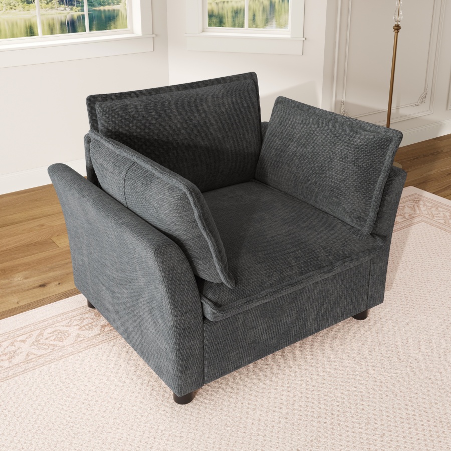 Sillón individual de chenilla gris con brazos curvos y cojines 1 plaza