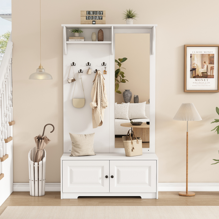 Mueble recibidor con espejo 5 ganchos 2 armarios blanco 180x100x40cm