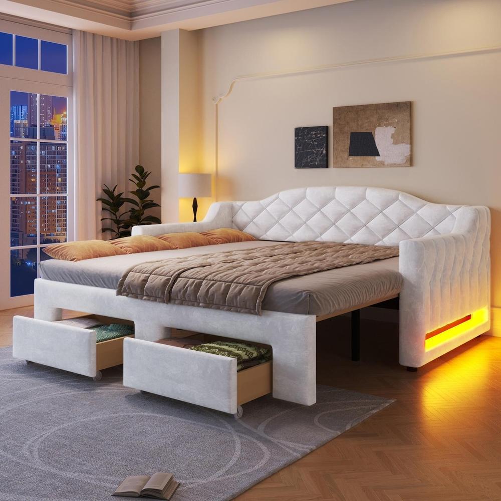 Cama nido extensible 90x200-180x200 blanca con LED y cajones