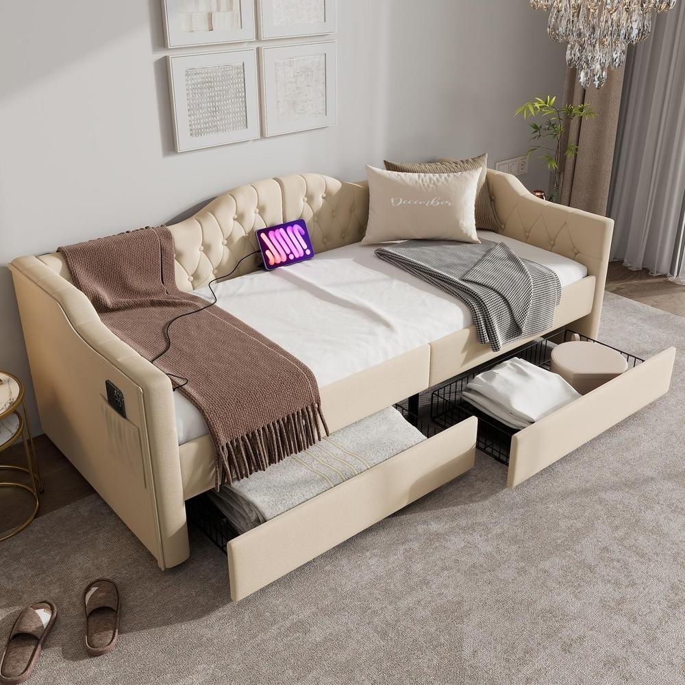 Cama diurna velour 90x200cm con 2 cajones y cargador usb beige