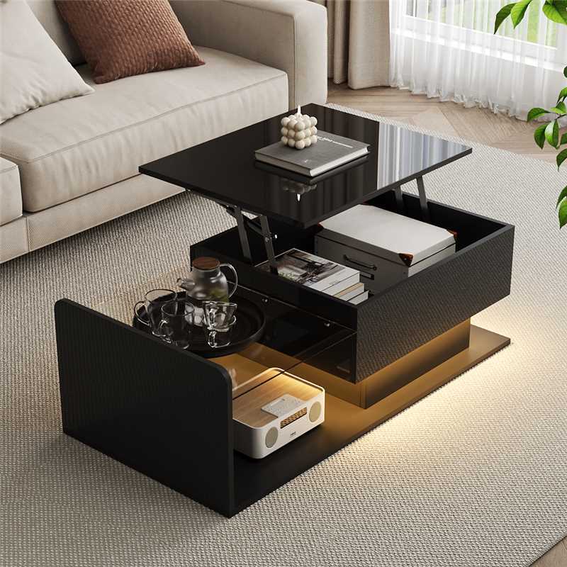 Mesa de centro elevable con LED vidrio negro 33/47,5x100x50cm
