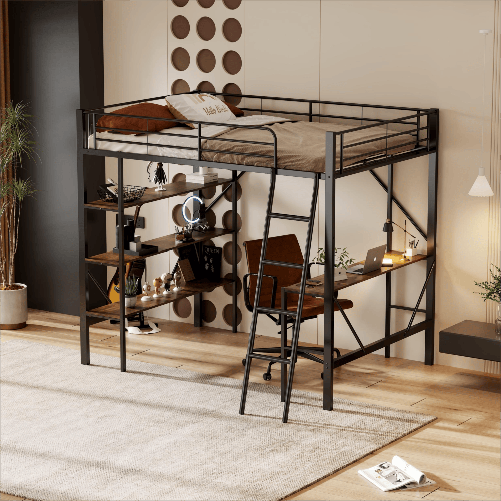 Cama alta 90x200cm con escritorio y estanterías metal y mdf – negro